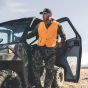 Half Rack Hunter Orange Safety Vest with elastic sides and snap closure for hunting or work.
