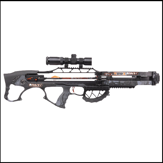 Ravin R29X Crossbow with 450 FPS speed, HeliCoil Technology, silent cocking system, and full accessory package including 100-yard illuminated scope and Ravin arrows.

