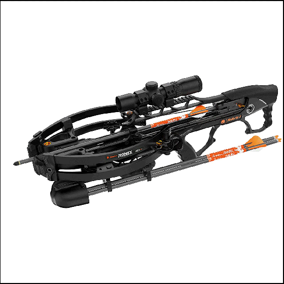 Ravin R26 Crossbow with 5 3/4" axle-to-axle design, silent cocking system, and full accessory package including 100-yard illuminated scope and three Ravin arrows.
