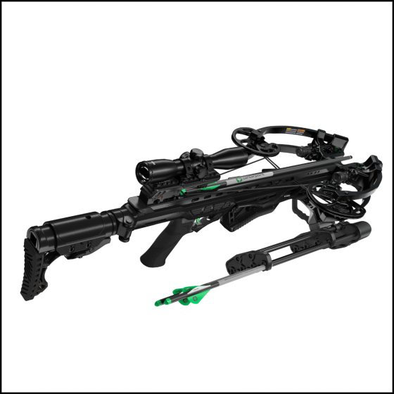 CenterPoint Wrath 430X Crossbow with compact 9-inch axle-to-axle design, inverted cam system, and full accessory package including silent cranking device and illuminated scope.
