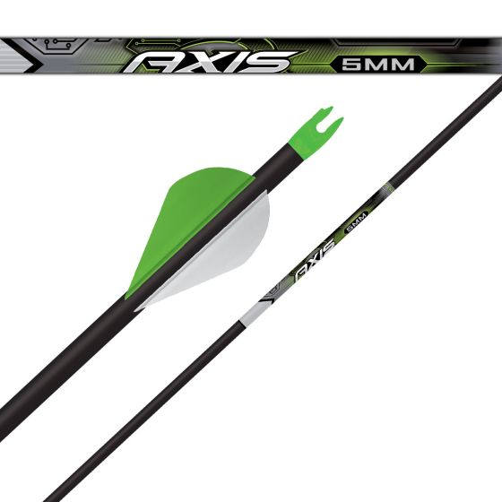 Easton 5MM Axis Arrow with micro diameter design, factory helical fletching, and high penetration for superior broadhead accuracy and hunting performance.
