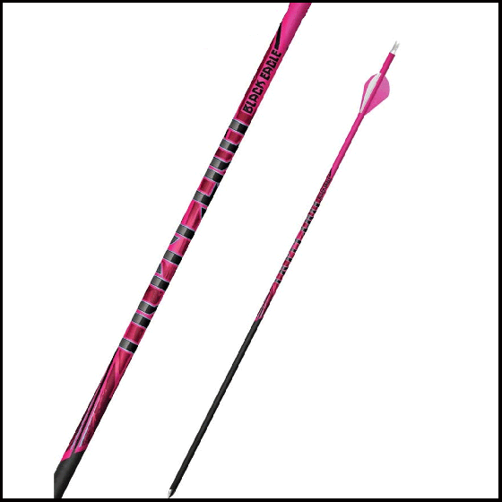 Black Eagle Outlaw Pink Crested Arrows with fluorescent pink color, White Nocks, Outlaw Inserts, and White/Neon Pink Vanes for high visibility and precision.
