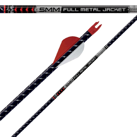 Easton 5mm Full Metal Jacket (FMJ) Arrow with carbon core and aluminum jacket for improved target penetration and accuracy in archery.
