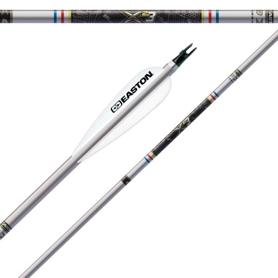 Easton X23 Aluminum Target Arrow Shafts with 7178-T9 aerospace alloy and diamond polished anodized silver finish for precision and durability in competitive archery.
