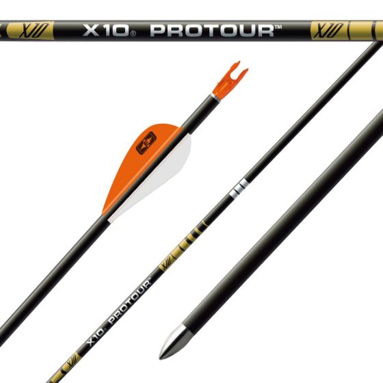 Easton X10 Protour Arrow Shaft with tapered design, 7075 alloy core, and high-strength carbon fiber for exceptional performance in competitive archery.
