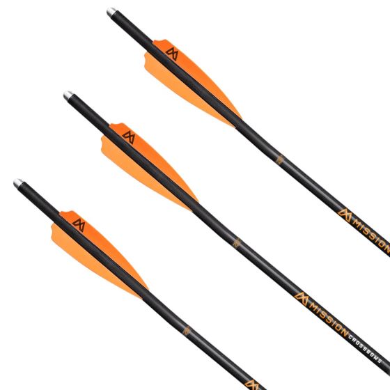 Mission Premium 20" Crossbow Bolts with brass inserts, half-moon aluminum nocks, and carbon shafts.
