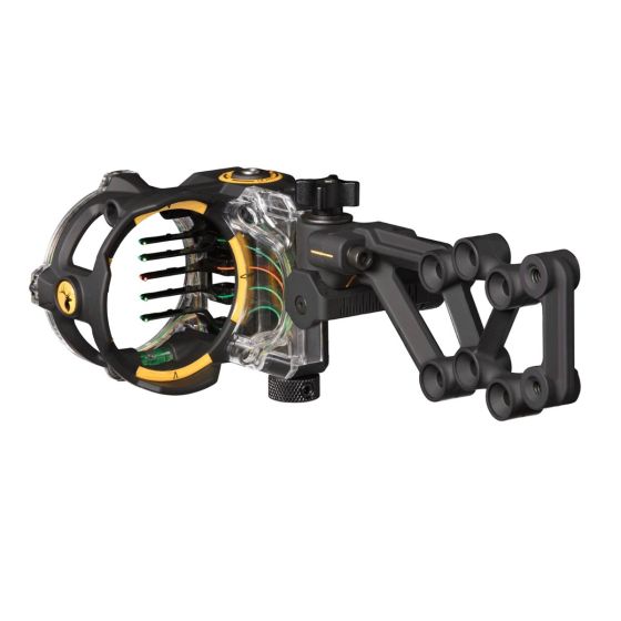 Trophy Ridge React H5 Bow Sight with React Technology, five .019" pins, tool-less adjustments, and adjustable brightness for precise shooting.
