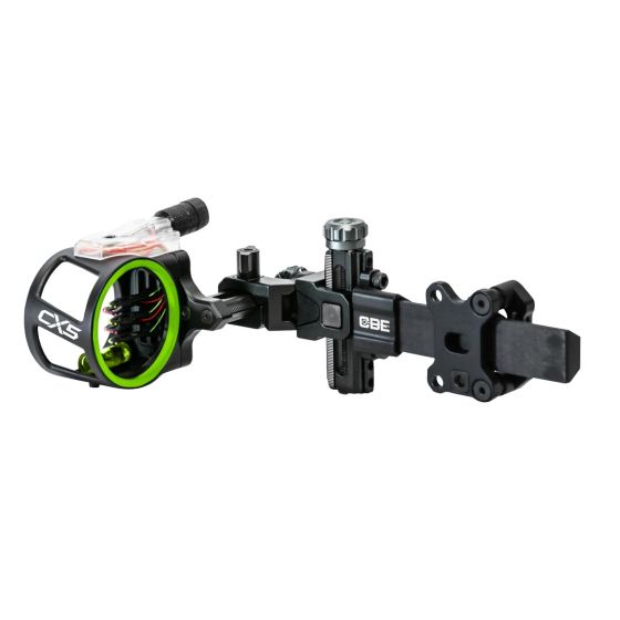 CBE CX-5 Carbon Bar Fixed Pin Sight with five .019" blade-style pins, fiber optic lighting, and micro-adjustable windage and elevation for precise sighting.
