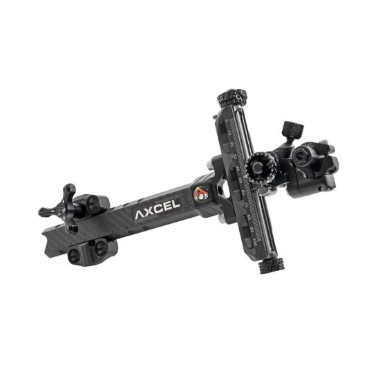 Axcel Achieve XP 6" Compound Bow Sight with ultra-high modulus carbon bar, micro-adjustable windage and elevation, and metal sight tapes for precision shooting. Black 6" Axcel Achieve XP Sight