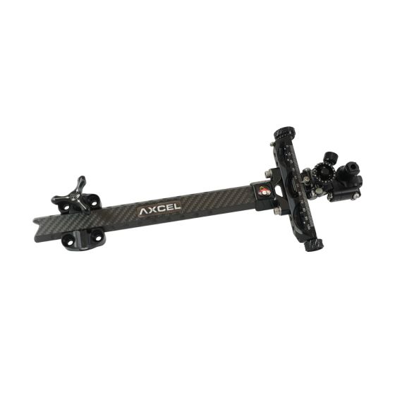 Axcel Achieve XP 9" Compound Bow Sight with carbon construction, micro-adjustable windage and elevation, and metal sight tapes for precise targeting.
