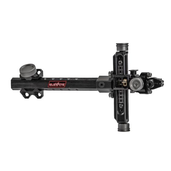 CBE Vertex Elevate Target Sight with 6.5" carbon fiber extension bar, adjustable 1st, 2nd, and 3rd axis for precision, and detachable scope tube mount for travel.
