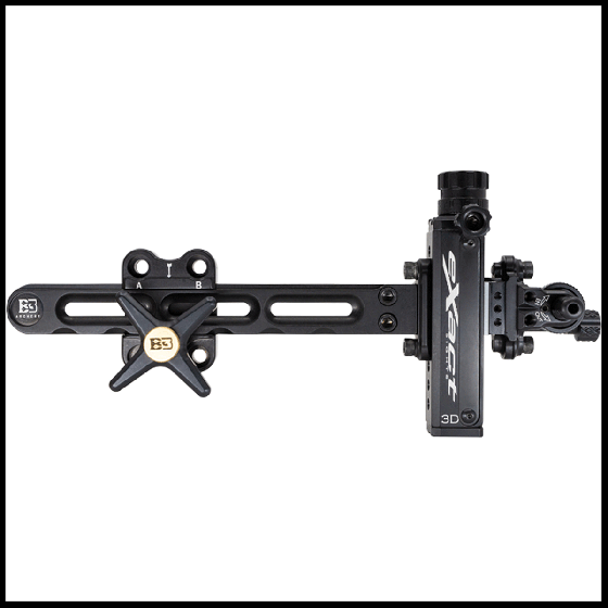 B3 Archery Exact 3D Target Sight with precision micro-adjustments, 8" dovetail extension, and slow-pitch elevation rod for 3D archery competitions.
