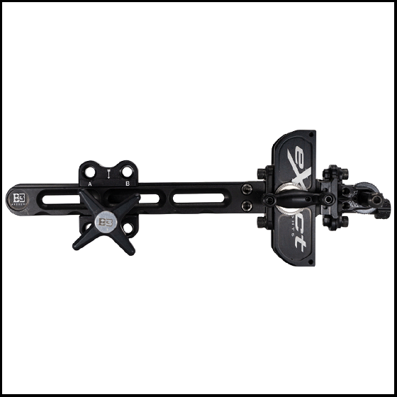 B3 Archery Exact Rize Target Sight with vertical travel click system, laser-engraved sight scales, and 3-axis adjustments for target archery precision.
