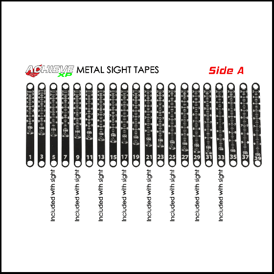Axcel Achieve XP Metal Sight Tapes for precise yardage adjustments, sold individually for archery sights.
