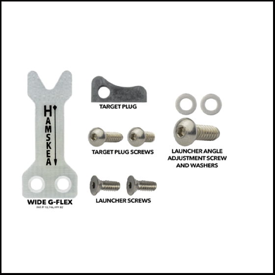 Hamskea Hybrid/Trinity G-Flex Target Conversion Kit with Wide G-Flex™ Launcher and hardware for converting hunting arrow rests to target arrow rests.
