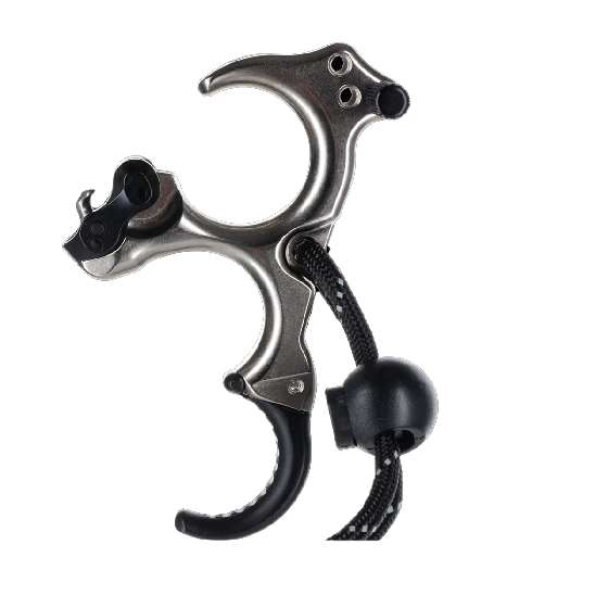 TRU Ball Honey Badger Claw Flex hinge release with all-brass handle, ergonomic design, and micro-adjustable speed dial, available in Quicksilver or Black Tungsten finishes.
