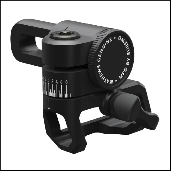 Mathews Bridge-Lock Adjustable V-Bar Mount for archery, featuring precision adjustability and quick disconnect.

