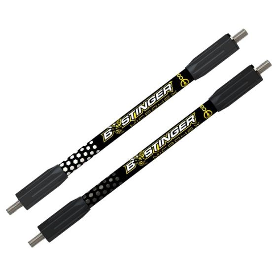 Bee Stinger Microhex Target V-Bar with Countervail Technology for archery stabilization, available in 10", 12", and 15" lengths.
