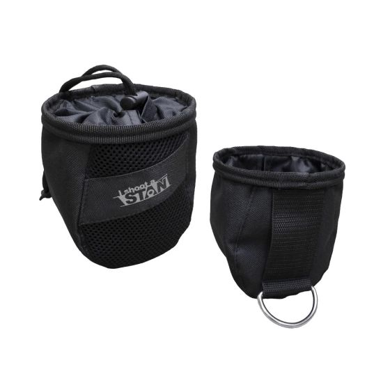 Stan Release Pouch, black pouch with "I Shoot Stan" logo, featuring a nylon lid, drum lock closure, and sturdy belt loop for archery releases.
