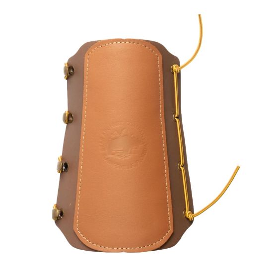 Fred Bear Traditional Arm Guard made of durable leather with adjustable elastic cord and four lace hooks.
