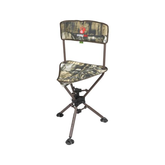 Primos Double Bull Swivel Chair with 360-degree rotation, adjustable height, and folding legs for ground blind hunting.
