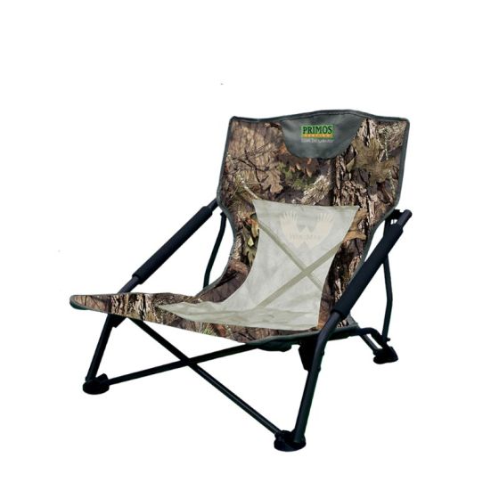 Primos Wing Man Turkey Hunting Chair with mesh back and high-back support for turkey hunting.
