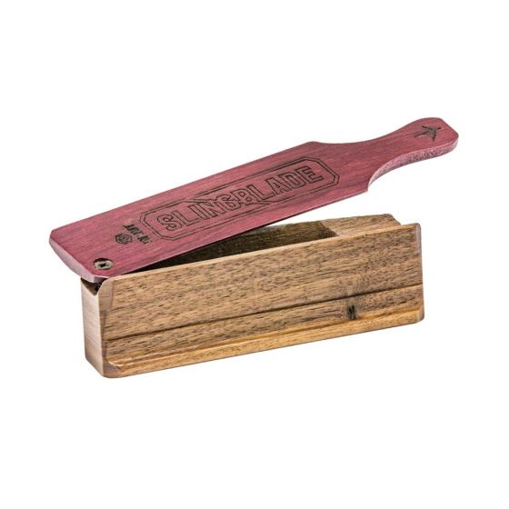 H.S. Strut Sling Blade Single Sided Turkey Box Call with American walnut body and purple heart wood lid, designed to produce high-pitched clucks, cutts, and yelps for turkey hunting.
