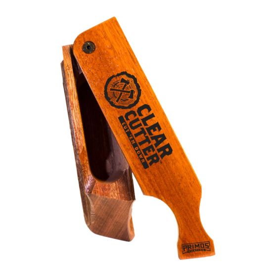 Primos Clear Cutter Turkey Box Call made from mahogany and walnut, designed to produce clear hen cuts and raspy yelps.
