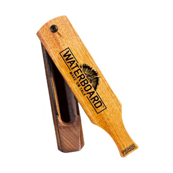 Primos Waterboard Turkey Box Call with mahogany box and canary paddle for versatile turkey calls in any weather.
