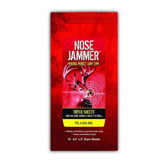 Nose Jammer Scent Eliminator Dryer Sheets 15-pack for scent-free hunting clothing.

