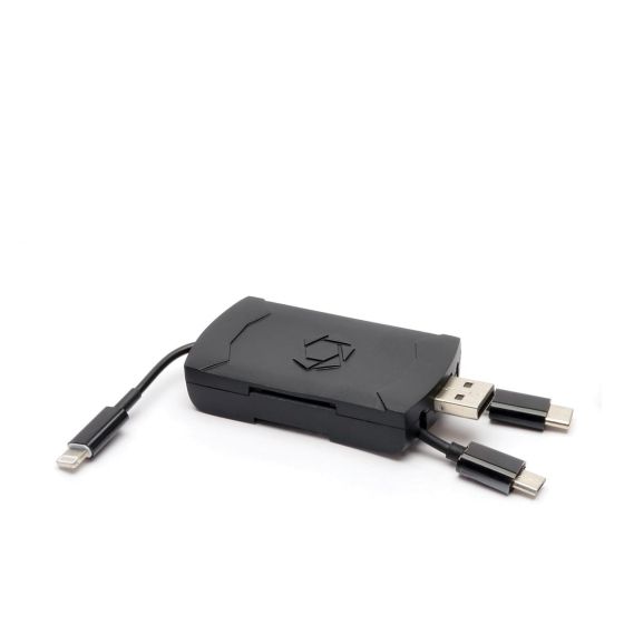 Stealth Cam 4-in-1 SD and Micro SD Card Reader with USB, Lightning, and OTG connections.
