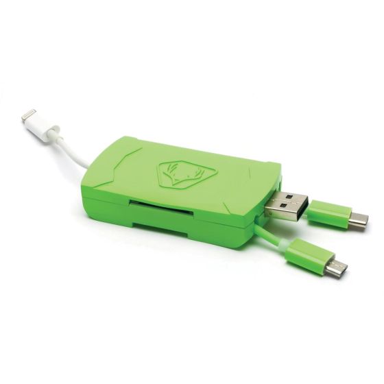 HME 4-in-1 Card Reader with Micro USB, USB, Lightning, and USB 3.0 connections for trail camera images.
