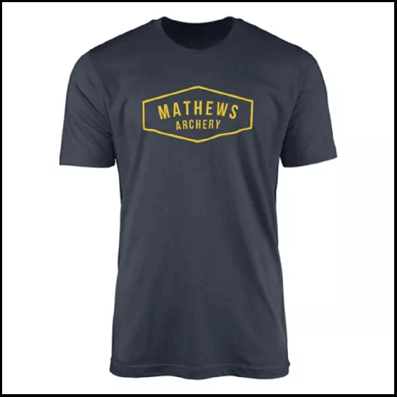 Mathews Shield T-Shirt - Midnight Navy Archery Tee with Gold Shield Logo
